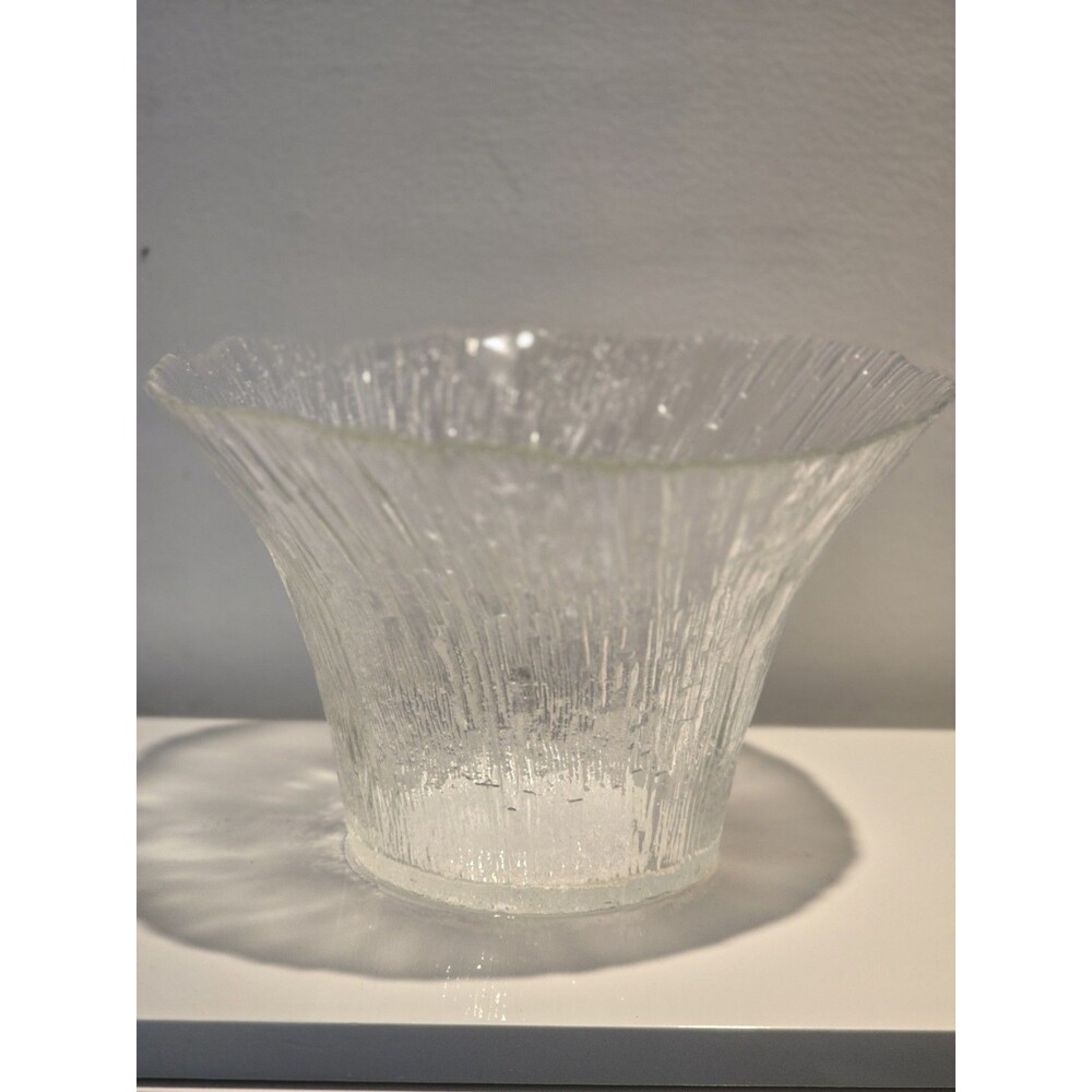 Vintage MCM Icicle Bark Texture Clear Art Glass Flared Bowl Scalloped Rim